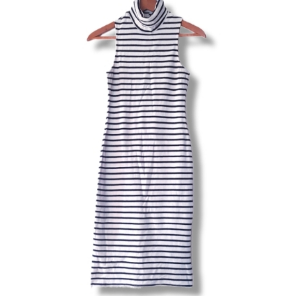 MONTEAU Blue & Cream Turtleneck Sleeveless Bodycon Midi Dress